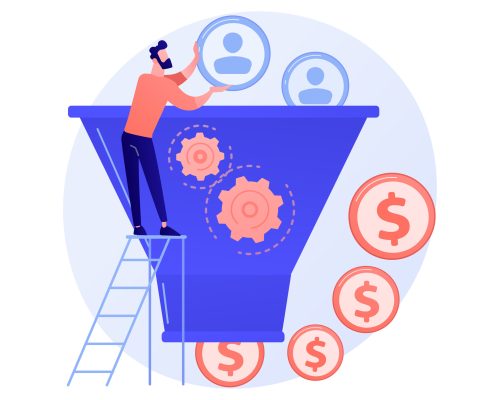 Manager working with target audience cartoon character. Marketing process, client conversion, website visitors. Lead generation, customer attraction. Vector isolated concept metaphor illustration