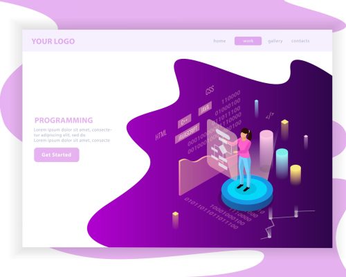 Freelance programming isometric landing page design composition with editable text and infographic images  with charts vector illustration